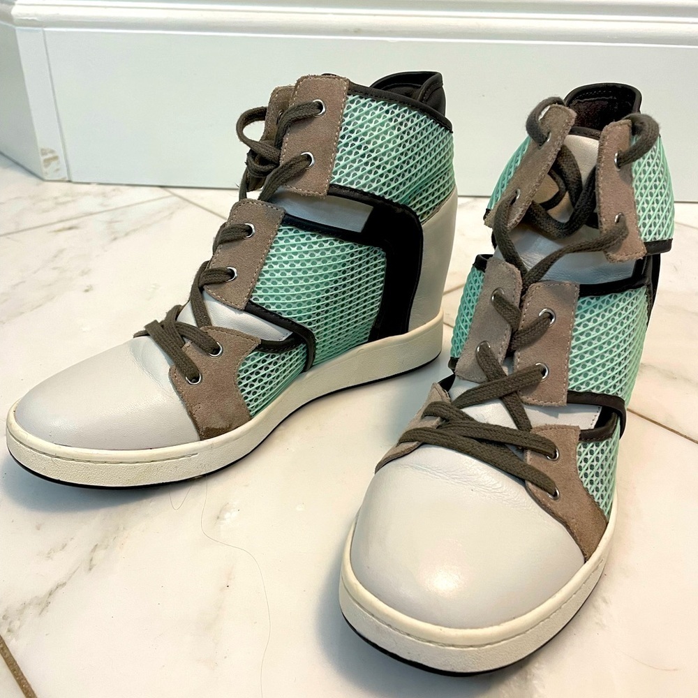 L.A.M.B. Mint Green, White & Brown High-Top Wedge Sneakers